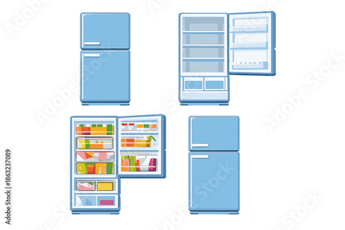 Various refrigerator illustrations with open and closed doors