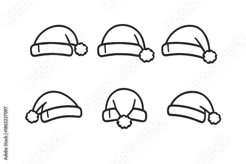Set of six Christmas Santa hats with pom-poms