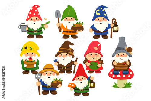 A whimsical collection of garden gnomes with glowing effects