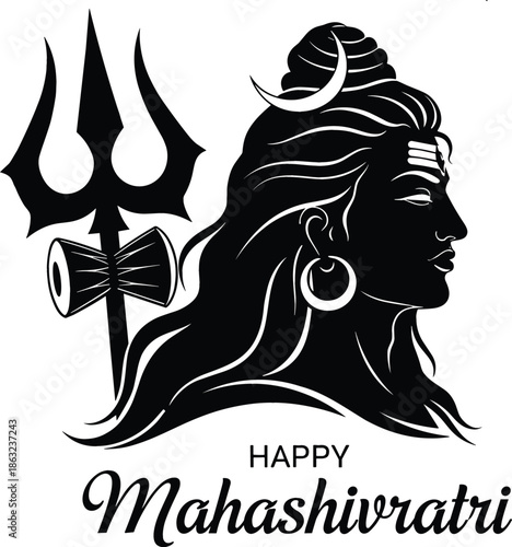 Maha Shivratri vector illustration featuring black silhouette profile of Lord Shiva with Trishula damru and elegant holiday typography.