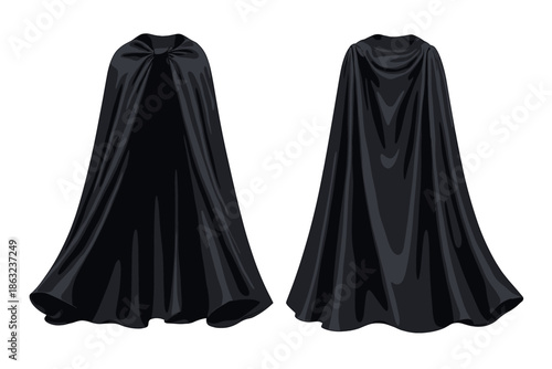 Two black capes, front and side view