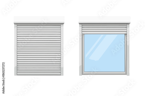 Window with closed roller shutters and open window with blue sky reflection