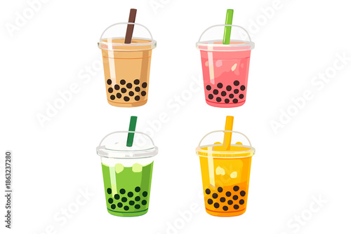 Four colorful bubble tea drinks with tapioca pearls