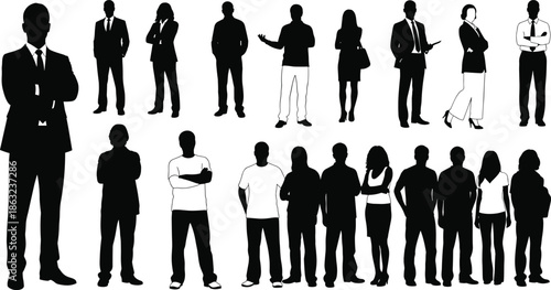 Silhouette group of business people and casual team standing together isolated on white background, teamwork concept vector illustration design.