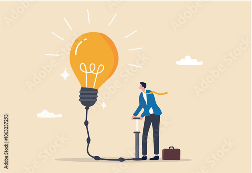 Create new idea, creativity, innovation to solve problem, idea development or invention, imagination or motivation to think about solution concept, businessman pump air inflate in big lightbulb idea.