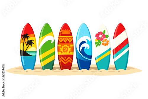 Colorful surfboards on a sandy beach with tropical background