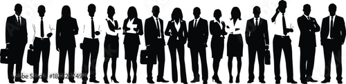 Silhouette group of corporate business people standing in line with briefcases, teamwork collaboration concept vector illustration on white background.