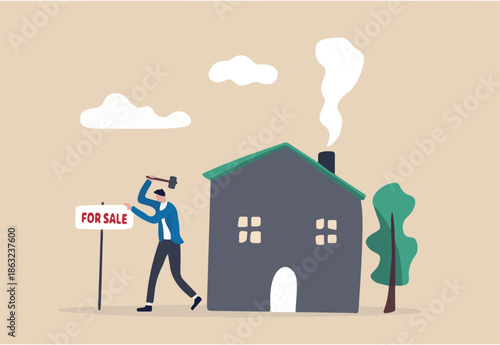 Home for sale, selling house moving to new home concept, home owner hammer for sale sign in front of his house.