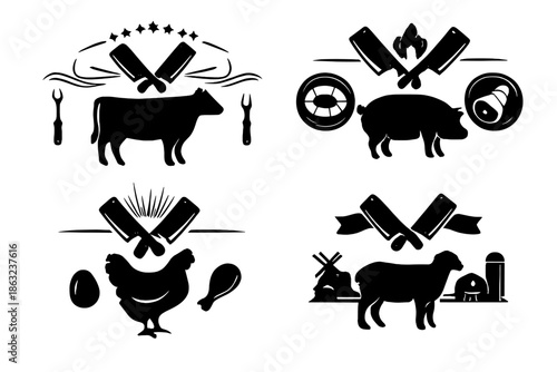 Collection of farm animal icons with butcher tools on black background