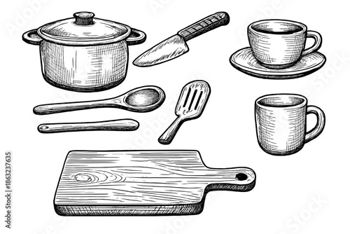 Hand-drawn kitchen utensils and tableware on a dark background