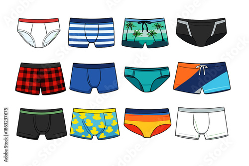 Collection of various mens underwear types and patterns