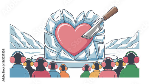 Unveiling Emotions: An emotional scene unfolds as a heart, encased in ice, is gently carved by a blade, while a captivated audience witnesses the process. This evokes feelings of vulnerability.