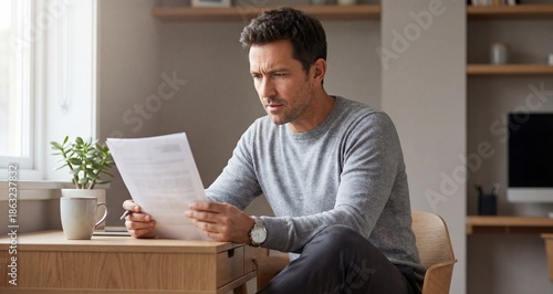 Man reading terms of service while sitting at desk indoors  