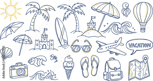 Hand Drawn Vacation Travel Doodle Elements Set Line Sketch Vector Illustration