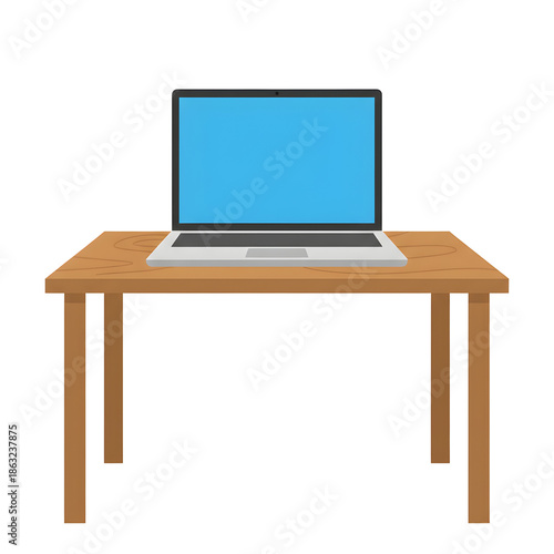 Laptop computer with blank screen sitting on a wooden table in a simple graphic illustration style