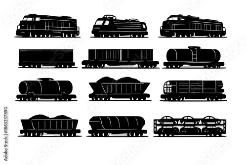 Silhouettes of various train cars and locomotives against a dark background