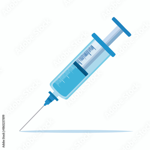 Medical injection graphic of a syringe filled with blue liquid, isolated on white background