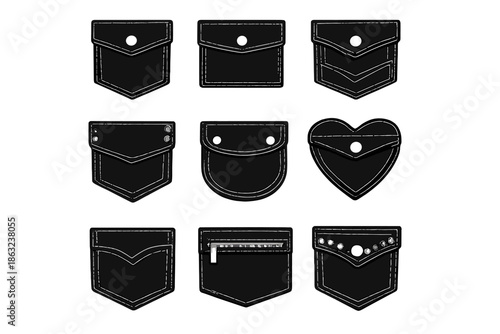 Set of nine black denim pockets on a grey background