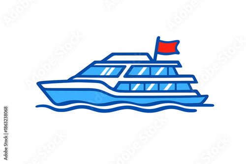 Blue Yacht with Red Flag