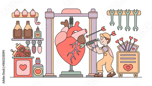 Cupid's Craft: A whimsical illustration depicts Cupid, meticulously crafting and repairing a heart within a workshop setting. with tender care and love. 