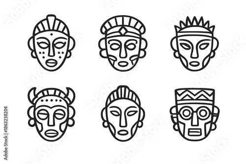Six tribal masks with glowing outlines on a dark background