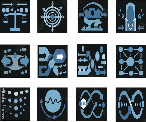 Professional abstract medical UI icon set illustrating sleep control and autonomic regulation systems using system-based metaphors.