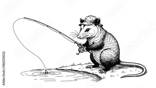 Rodent Angler Wearing Cap Fishing at Pond in a Detailed Black-and-White Illustration