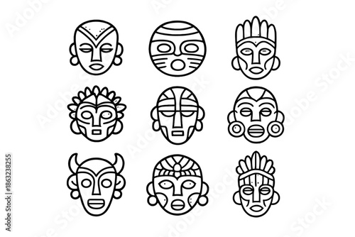 Nine tribal masks in a grid formation on a grey background.