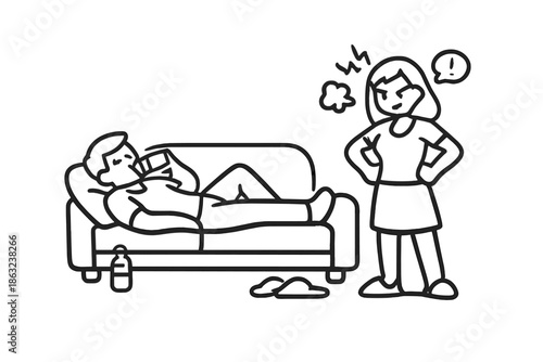 Woman frustrated with man relaxing on couch