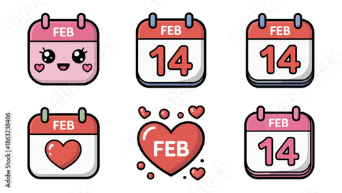 Valentine's Day Calendar Set: A charming ensemble of illustrated calendars showcasing the date February 14th and adorable heart motifs, celebrating love and romance.
