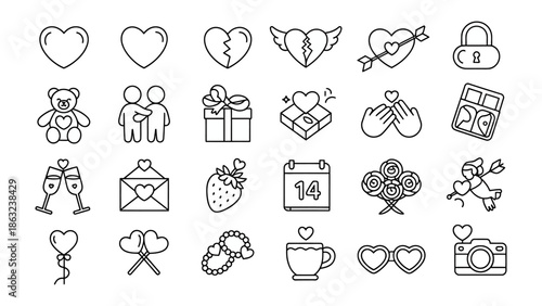 Love and Romance Icon Set: A delightful collection of line art icons depicting symbols of love and romance, perfect for adding a touch of affection to your creative projects. 