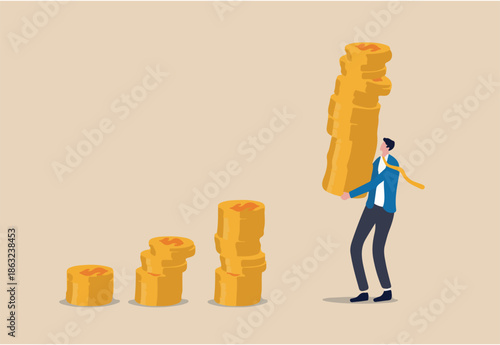 Compound interest effect, high return investment stock market or growth and prosperity economic concept, businessman investor holding high stack of dollar money coins to put as growth compound graph.