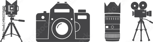 A collection of vintage and modern camera styles including a movie camera displayed in a row on transparent background high-quality

