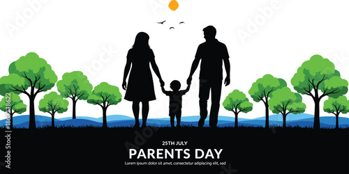 Parents Day vector landscape featuring family silhouettes walking among green trees on a sunny summer day holiday background.