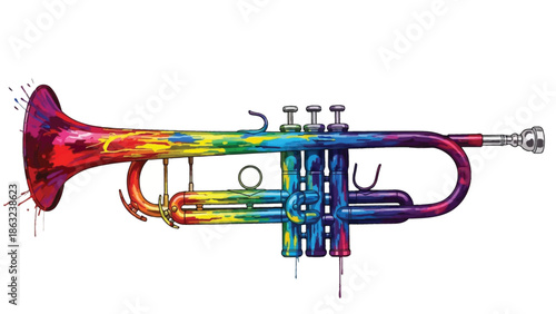 A vibrant and colorful illustration of a trumpet with paint splatters