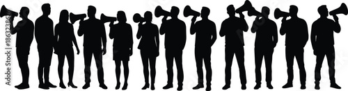 Silhouette group of people speaking with megaphones symbolizing communication, protest, announcement, teamwork, leadership, social message, voice, and public awareness concept