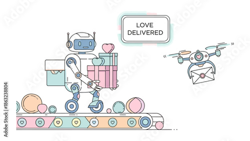 Love Delivered by Robot: A futuristic scene unfolds as a robot lovingly carries gifts, preparing to deliver them. A drone adds a touch of technological wonder.