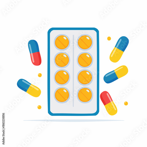 Round orange pills in a blister pack surrounded by scattered blue, yellow, and red capsules on a white background with light blue accents