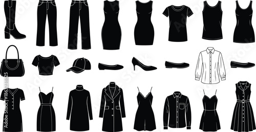 Silhouette icon set of women’s clothing and accessories including dresses, shoes, tops, and coats for fashion design use.