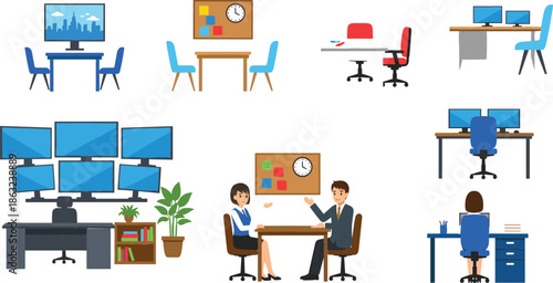 Vector office workplace icon set featuring multi-monitor desks meeting tables bulletin boards and professional character illustrations in blue.