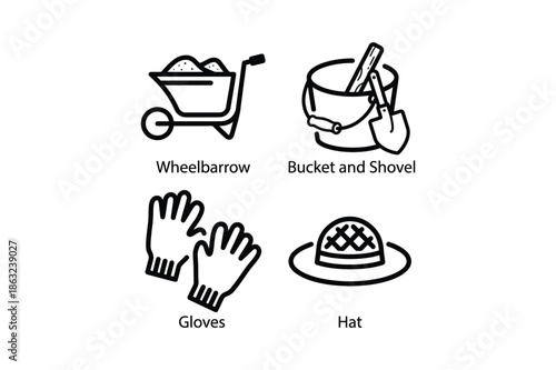 Construction and gardening tools and protective gear icons equipment wheelbarrow bucket shovel
