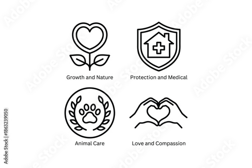 Four icons representing growth, protection, animal care and love growth nature protection