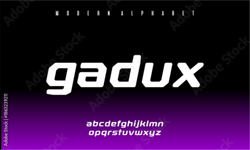 Modern alphabet font Gadux with white text on black
