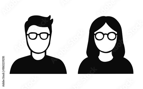 Man and woman avatar icons with glasses in flat black and white line art style