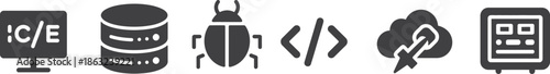 A collection of various dark gray software development icons including a code editor bug database rocket and server on transparent