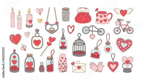 Valentine's Day Icon Set: A whimsical illustration of Valentine's Day icons, filled with hearts, love, romance, and tokens of affection, perfect for celebrations and greetings.