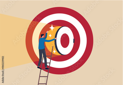Secret to be success, business strategy to reach target or goal, objective or career challenge concept, businessman climbing up ladder to big dartboard or archery target and opening bullseye door.