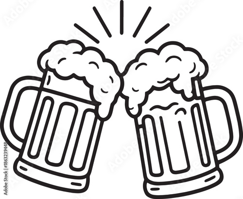Illustration of two beer mugs clinking together in a toast. Frothy beer with foam and bubbles. Celebration, friendship, and gathering symbol.