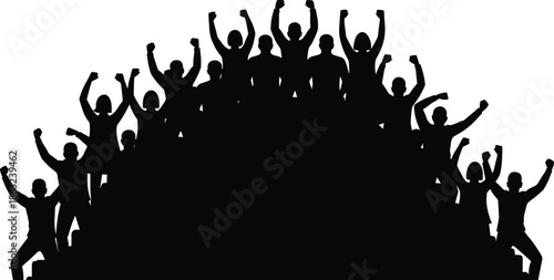 Silhouette illustration of cheering crowd group of people raising hands in celebration showing unity excitement success and positive energy