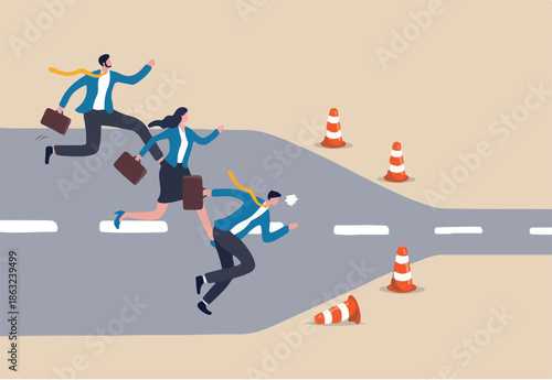 Bottleneck make business run slow, struggle workflow or busy point make project delay, traffic jam or trouble flow concept, business people run on wide road to reach narrow slow bottleneck.